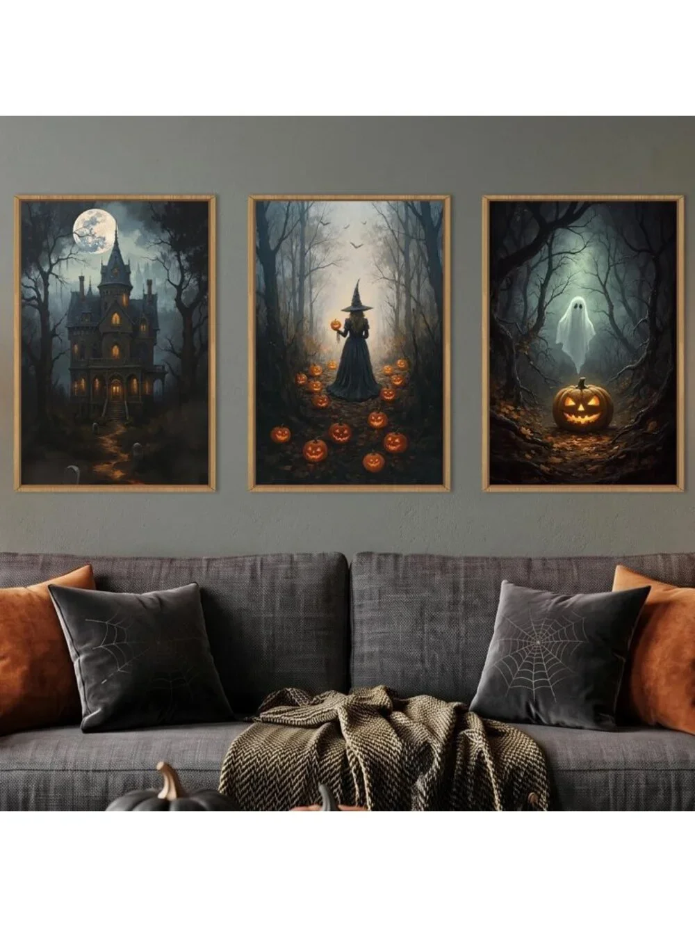 Spooky Halloween Moon Castle Canvas Art Set - Witch, Ghost & Pumpkin Decor for